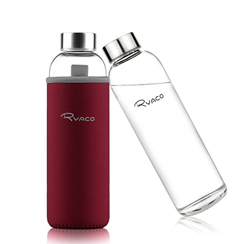 Ryaco Glasflasche Trinkflasche Classic Tragbare 360ml BPA-frei für unterwegs Sportflasche Glas Wasserflasche zum Mitnehmen von kalten Heiß Getränken mit Neopren Tasche und Schwammbürste